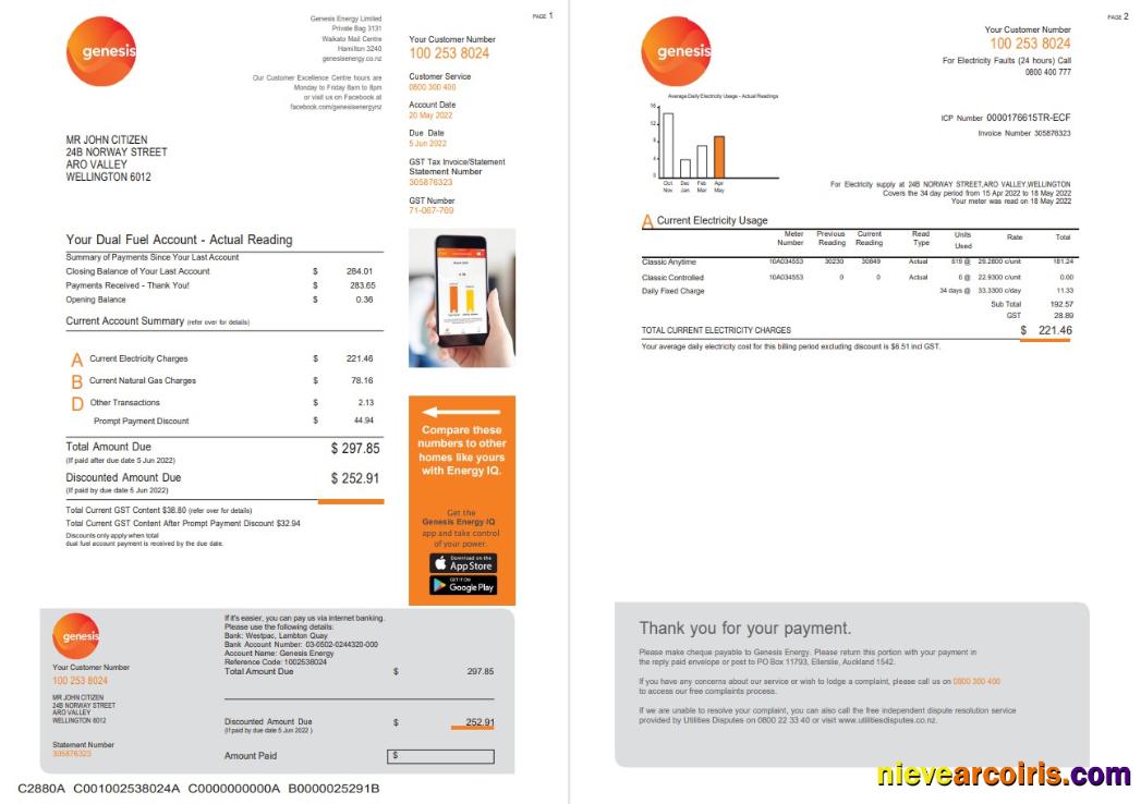 New Zealand Genesis Gas utility bill 3 pages 1